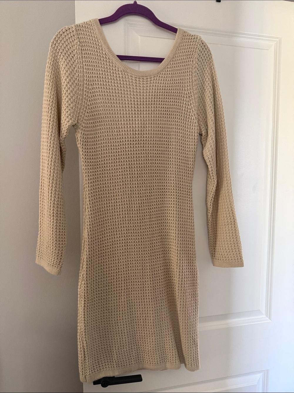 Waffle Knit Long Sleeve Dress in Beige